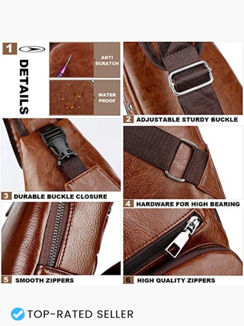 Leather Sling Bag Crossbody Chest Backpack for Men with USB Charge Port Large